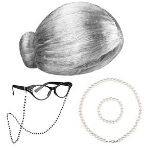 AOTHSO 5 Pieces Halloween Old Lady Wig Costume Set Granny Cosplay Wig Glasses Necklace for 100 Days of School Dress Up Party
