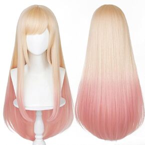 Ombre Pink Wig for Cosplay Costume Wig Straight Blonde Golden Anime Cute Kawaii Wig with Bangs + Cap (Ombre Pink)