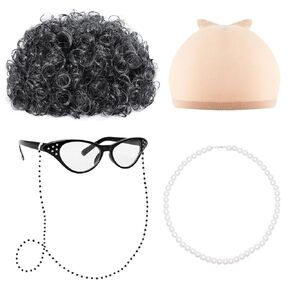 Fumwase 5PCS Old Lady Wig Costume Set Madea Granny Glasses Grandma Wig 100 Days of School Costume Set Gray Granny Costume Wigs for Halloween Women Girls (Dark Grey)