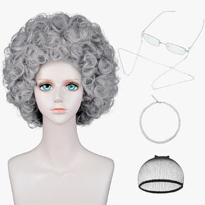 Probeauty Old Lady Costume Wig for Women, 5pcs Set Short Curly White Grandma Granny Cosplay Wig for 100 Days of School and Halloween Costumes