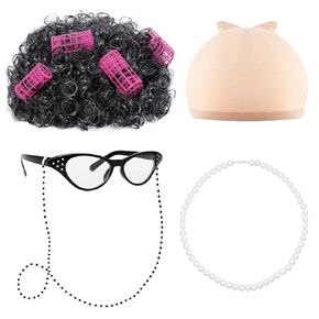 Fumwase Old Lady Wig Costume for Women Granny Wig with Hair Rollers 100 Days of School Costume Glasses Wig Cap Eyeglass Chain Pearl Necklace Grandma Granny Costume Wig Curly Accessories (Dark Grey)