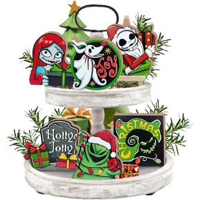 Christmas Tiered Tray Decor, Xmas Jack Monster Tray Decorations Set, Sally Ghost Tombstone Winter Wooden Signs, Funny Holiday Farmhouse Rustic Home Decor for Table Shelf Party