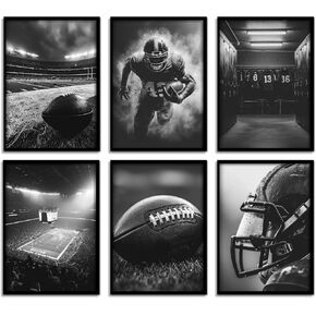 6Pcs Football Wall Art Rugby Field Stadium Sports Painting Picture Wall Decor Black and White American Football Posters Prints Artwork for Boys Room Locker Room Dorm Living Room Home Decoration