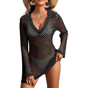 ANRABESS Women Swimsuit Crochet Swim Cover Up Summer Bathing Suit Swimwear Polo V Neck Mesh Knit Beach Dress Vacation Outfits