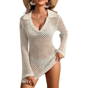 ANRABESS Women Swimsuit Crochet Swim Cover Up Summer Bathing Suit Swimwear Polo V Neck Mesh Knit Beach Dress Vacation Outfits