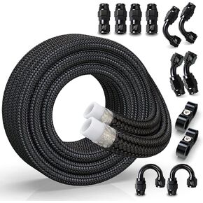 مجموعة خط الوقود RENO 8AN، تجهيزات خط الوقود 8AN PTFE E85 بكرة خرطوم الوقود المضفرة من النايلون مع مشبك فاصل خرطوم مناسب (20 قدم، معرف 0.394 بوصة، أسود)