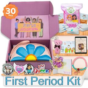The Bloom First Period Kit for Girls 9-12- 30 PC Period Starter Kit for Tweens- School Emergency Kit for Teen Girls with Cute Little Bag for Period Kit- First Period Gift Box - Pink