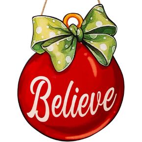 Christmas Believe Sign Red Ball Decor Front Door Hanging Rustic Wall Pediments for Farmhouse Home Porch Outdoor Indoor Winter Xmas Believe Wooden Sign Decorations MY017
