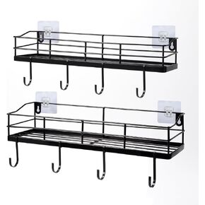 Metal Black Floating Shelves Wall Mounted with 8 Removable Hanging Hooks, 15-Inch Iron Adhesive Shower Shelf Organizer for Bathroom Kitchen Storage Rack, Set of 2