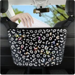 Bling Leopard Diamond Car Handbag Holder Car Net Pocket Handbag Holder Car Backseat Organizer Car Handbag Holder Between Seats(White)