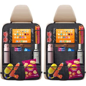 Car Backseat Organizer with 10" Touch Screen Table Holder, 2 Pack, 10 Storage Pockets, Seat Back Protectors, Kick Mats, Travel Accessories