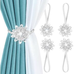 AULEEP Magnetic Curtain Tiebacks, 4 Pack Magnetic Decorative Drapes Curtain Clips Buckle, Flower Curtain Tie Back, European and American Style (Silver)
