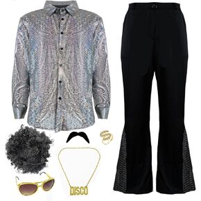 Men's 70s Long Sleeve Disco Outfit Cowboy Retro Outfits for Halloween Party Adult Costumes with Bell Bottoms Pants