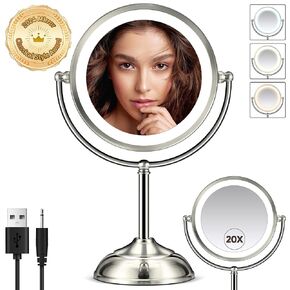 MIYADIVA Makeup Mirror with Lights, Lighted Makeup Mirror with Magnification, 2-sided Magnifying Mirror with Light, Mirror for Desk 3 Color and Adjustable Brightness, Vanity Mirror with Lights 10.5 IN
