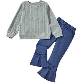 HINTINA Toddler Little Girl Fall Winter Clothes Knitted Sweatsuit Denims Bell Bottom Flared Pants Set