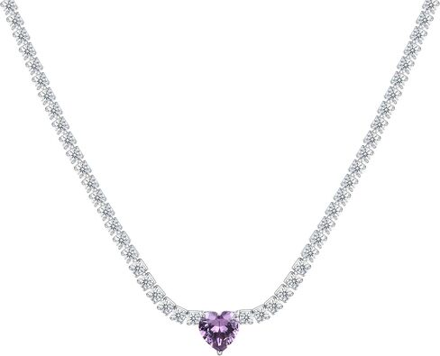 AllenCOCO Heart Birthstone Tennis Necklace for Women, Sterling Silver AAAAA+ CZ Chain Heart Crystal Pendant Necklace Dainty Silver Birthstone Choker Necklace Birthday Valentines Day Christmas Gifts in Kuwait