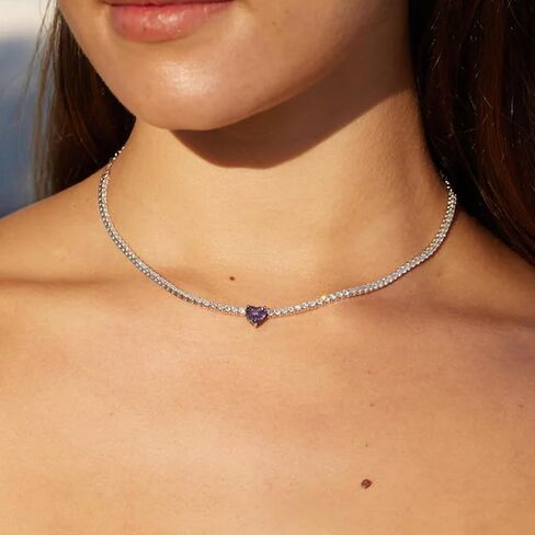 AllenCOCO Heart Birthstone Tennis Necklace for Women, Sterling Silver AAAAA+ CZ Chain Heart Crystal Pendant Necklace Dainty Silver Birthstone Choker Necklace Birthday Valentines Day Christmas Gifts in Kuwait