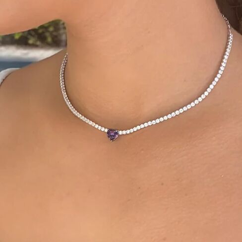 AllenCOCO Heart Birthstone Tennis Necklace for Women, Sterling Silver AAAAA+ CZ Chain Heart Crystal Pendant Necklace Dainty Silver Birthstone Choker Necklace Birthday Valentines Day Christmas Gifts in Kuwait