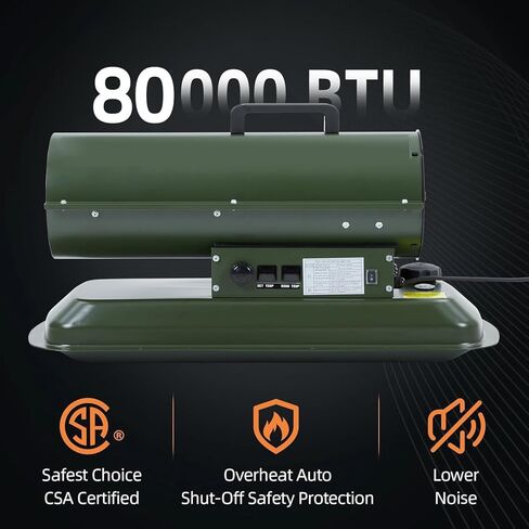 PioneerWorks 80,000 BTU سخان ديزل الهواء القسري وسخان الكيروسين، سخان مساحة توربيدو مع التحكم في درجة الحرارة الحرارية، محمول للخارج، موقع العمل، المرآب وموقع البناء in Kuwait