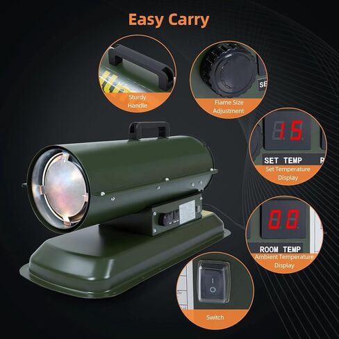 PioneerWorks 80,000 BTU سخان ديزل الهواء القسري وسخان الكيروسين، سخان مساحة توربيدو مع التحكم في درجة الحرارة الحرارية، محمول للخارج، موقع العمل، المرآب وموقع البناء in Kuwait