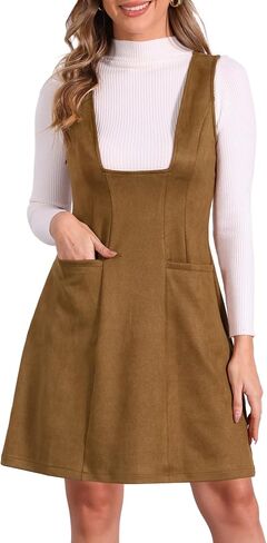 فستان Allegra K Pinafore العام للنساء بدون أكمام وجيوب وفساتين كاجوال كلاسيكية من الجلد السويدي الصناعي in Saudi Arabia