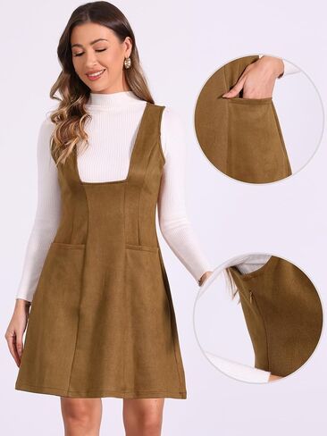 فستان Allegra K Pinafore العام للنساء بدون أكمام وجيوب وفساتين كاجوال كلاسيكية من الجلد السويدي الصناعي in Saudi Arabia