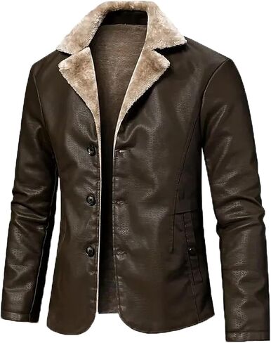 INVACHI Men's Faux Leather Fur Collar Mid-Length Jacket Padded Lining Winter Warm Lapel Trench Coat in Kuwait