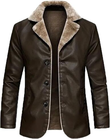 INVACHI Men's Faux Leather Fur Collar Mid-Length Jacket Padded Lining Winter Warm Lapel Trench Coat in Kuwait