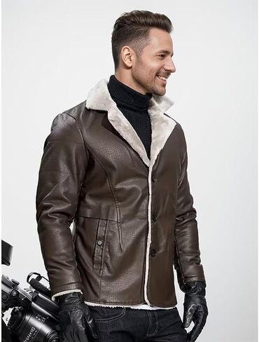 INVACHI Men's Faux Leather Fur Collar Mid-Length Jacket Padded Lining Winter Warm Lapel Trench Coat in Kuwait