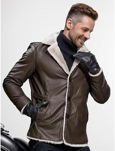 INVACHI Men's Faux Leather Fur Collar Mid-Length Jacket Padded Lining Winter Warm Lapel Trench Coat in Kuwait