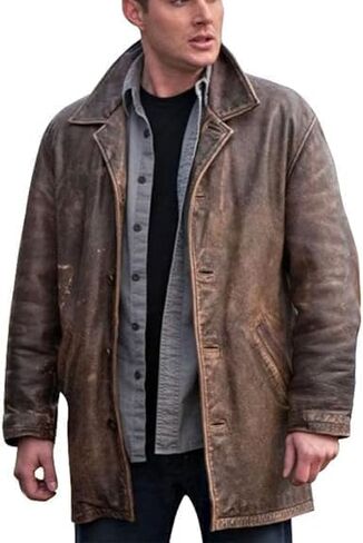 Mens Leather 3/4 Mid Length Coat Dean Winchester Jacket - Distressed Brown Genuine Leather Trench Coat for Men (US, Alpha, XX-Large, Regular, Regular, Distressed Brown) in Saudi Arabia