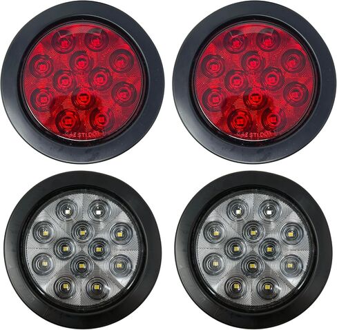 4 Pcs 4" Inch Round 12 LED Trailer Tail Lights Kit Round Led Stop Turn Tail Back-up Reverse Fog Lights Reflective Lens Grommet 3-Prong Wire Pigtails for Truck Trailer RV Bus Jeep 12V (2 Red + 2 White) in Saudi Arabia