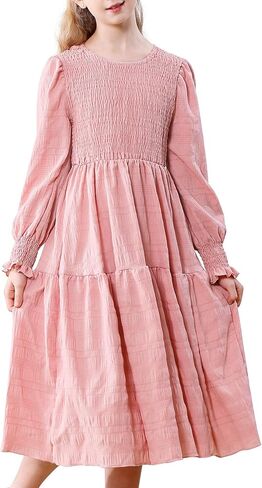 DREAM BUS Girls Smocked Midi Dress Kids Long Sleeves Tiered A-Line Casual Dress Tween Crew Neck Fall Winter Party Dress in Saudi Arabia