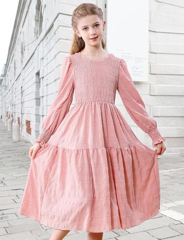 DREAM BUS Girls Smocked Midi Dress Kids Long Sleeves Tiered A-Line Casual Dress Tween Crew Neck Fall Winter Party Dress in Saudi Arabia