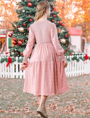 DREAM BUS Girls Smocked Midi Dress Kids Long Sleeves Tiered A-Line Casual Dress Tween Crew Neck Fall Winter Party Dress in Saudi Arabia