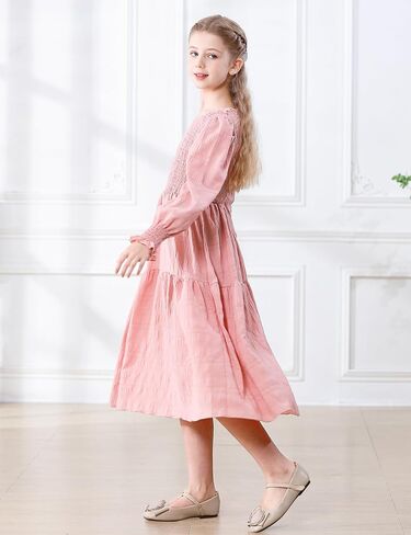 DREAM BUS Girls Smocked Midi Dress Kids Long Sleeves Tiered A-Line Casual Dress Tween Crew Neck Fall Winter Party Dress in Saudi Arabia