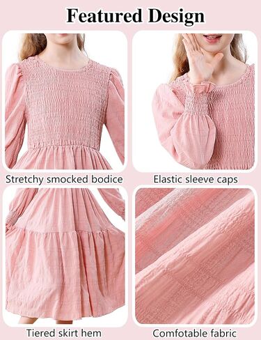 DREAM BUS Girls Smocked Midi Dress Kids Long Sleeves Tiered A-Line Casual Dress Tween Crew Neck Fall Winter Party Dress in Saudi Arabia