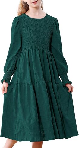 فستان DREAM BUS Girls Smocked ميدي للأطفال بأكمام طويلة متدرج على شكل حرف a فستان كاجوال برقبة دائرية توين فستان حفلات خريف وشتاء in Kuwait