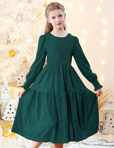 فستان DREAM BUS Girls Smocked ميدي للأطفال بأكمام طويلة متدرج على شكل حرف a فستان كاجوال برقبة دائرية توين فستان حفلات خريف وشتاء in Kuwait