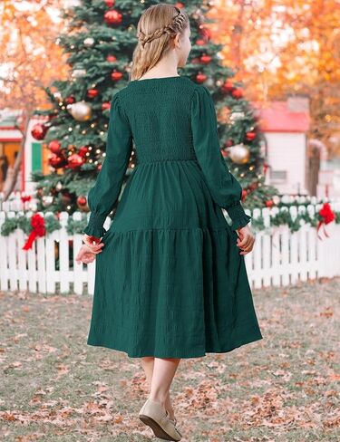 فستان DREAM BUS Girls Smocked ميدي للأطفال بأكمام طويلة متدرج على شكل حرف a فستان كاجوال برقبة دائرية توين فستان حفلات خريف وشتاء in Kuwait