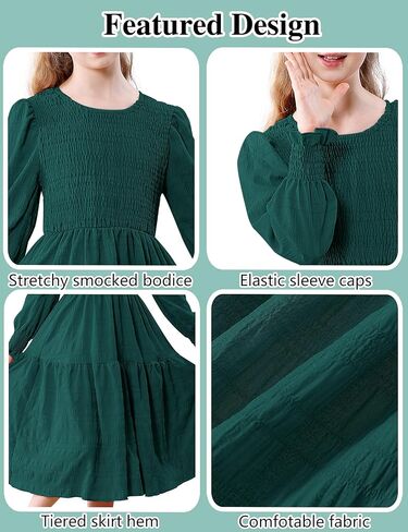 فستان DREAM BUS Girls Smocked ميدي للأطفال بأكمام طويلة متدرج على شكل حرف a فستان كاجوال برقبة دائرية توين فستان حفلات خريف وشتاء in Kuwait