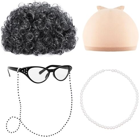 Fumwase 5PCS Old Lady Wig Costume Set Madea Granny Glasses Grandma Wig 100 Days of School Costume Set Gray Granny Costume Wigs for Halloween Women Girls (Dark Grey) in Kuwait