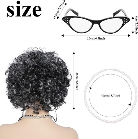 Fumwase 5PCS Old Lady Wig Costume Set Madea Granny Glasses Grandma Wig 100 Days of School Costume Set Gray Granny Costume Wigs for Halloween Women Girls (Dark Grey) in Kuwait
