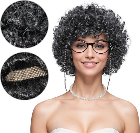 Fumwase 5PCS Old Lady Wig Costume Set Madea Granny Glasses Grandma Wig 100 Days of School Costume Set Gray Granny Costume Wigs for Halloween Women Girls (Dark Grey) in Kuwait
