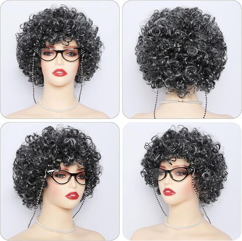 Fumwase 5PCS Old Lady Wig Costume Set Madea Granny Glasses Grandma Wig 100 Days of School Costume Set Gray Granny Costume Wigs for Halloween Women Girls (Dark Grey) in Kuwait