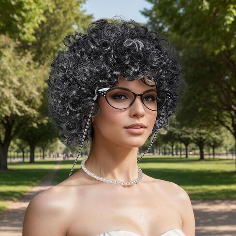 Fumwase 5PCS Old Lady Wig Costume Set Madea Granny Glasses Grandma Wig 100 Days of School Costume Set Gray Granny Costume Wigs for Halloween Women Girls (Dark Grey) in Kuwait