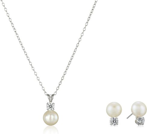 Amazon Collection Sterling Silver Cubic Zirconia 7-8mm Freshwater Cultured Pearl Stud Earrings and Pendant Necklace Jewelry Set in Saudi Arabia