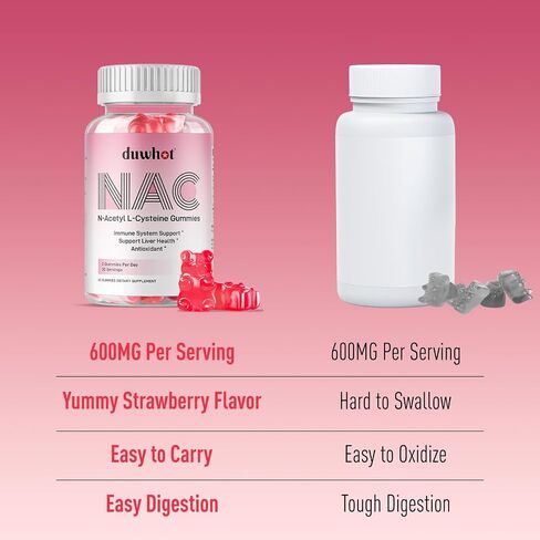 NAC Gummies 600mg, N Acetyl Cysteine Supplement NAC Chewable for Antioxidants & Immune Support, Lung & Liver Health, Natural Strawberry Flavor, 60ct in Kuwait