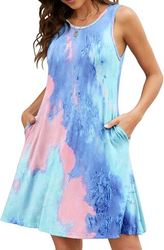 BEUFRI Tie Dye Dresses for Women Summer Beach Sleeveless Sundress Pockets Swing Casual Loose Tshirt Dress M in Kuwait