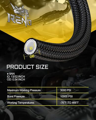 مجموعة خط الوقود RENO 8AN، تجهيزات خط الوقود 8AN PTFE E85 بكرة خرطوم الوقود المضفرة من النايلون مع مشبك فاصل خرطوم مناسب (20 قدم، معرف 0.394 بوصة، أسود) in Kuwait